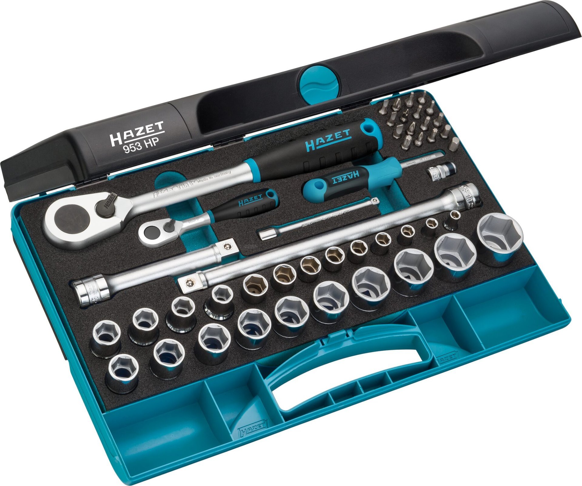 HAZET Steckschlüssel Satz 953HP ∙ 1/4 Zoll (6,3 mm) Vierkant hohl, 1/2 Zoll (12,5 mm) Vierkant hohl ∙ Außen Sechskant-Tractionsprofil, Pozidriv Profil PZ, Kreuzschlitz Profil PH, Innen Sechskant Profil, Innen TORX® Profil, Schlitz Profil ∙ 47-teilig ∙ 2 – 27 ∙ Produktbild img1 L