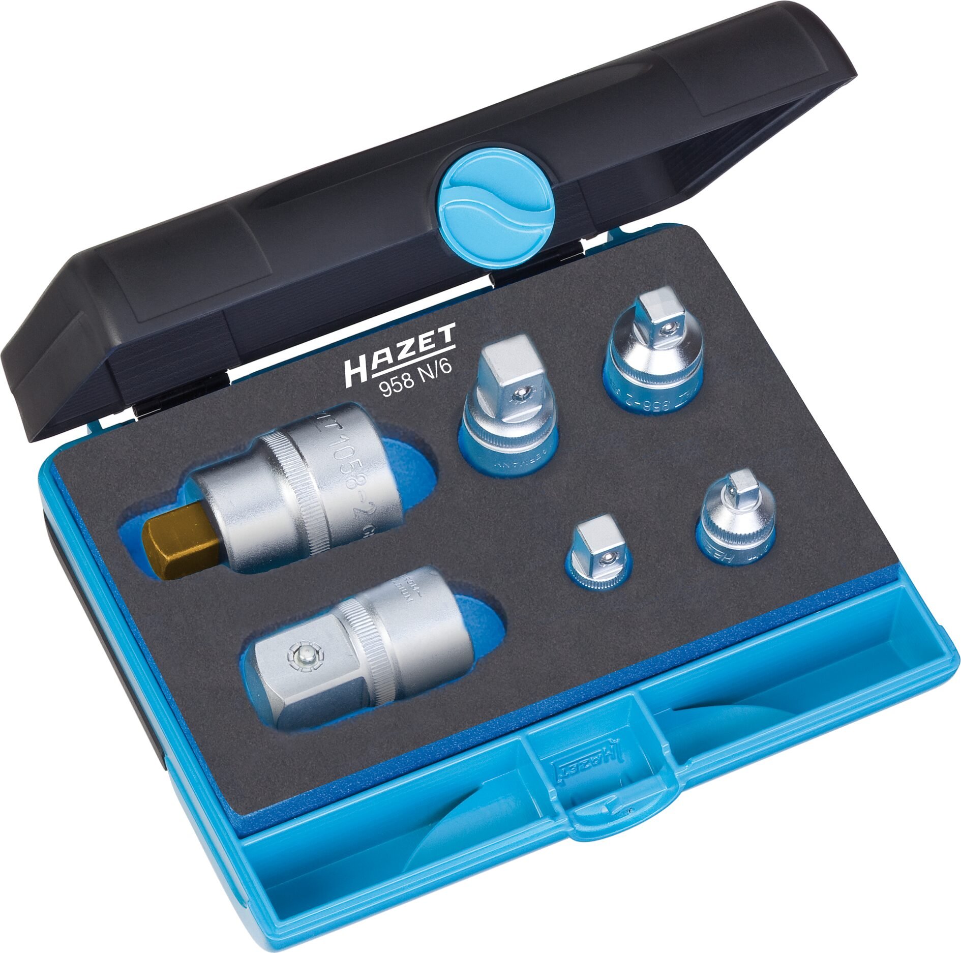 HAZET Adapter Satz 958N/6 ∙ 1/4 Zoll (6,3 mm) Vierkant hohl, 3/8 Zoll (10 mm) Vierkant hohl, 1/2 Zoll (12,5 mm) Vierkant hohl, 3/4 Zoll (20 mm) Vierkant hohl ∙ 1/4 Zoll (6,3 mm) Vierkant massiv, 3/8 Zoll (10 mm) Vierkant massiv, 1/2 Zoll (12,5 mm) Vierkant mass Produktbild img1 L