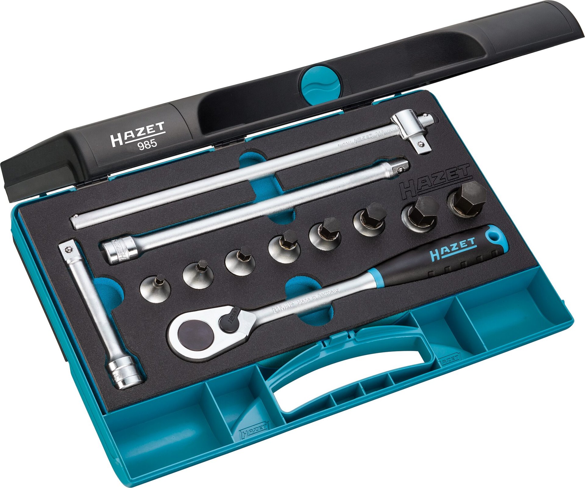 HAZET Schraubendreher-Steckschlüsseleinsatz Satz 985 ∙ 1/2 Zoll (12,5 mm) Vierkant hohl ∙ Innen Sechskant Profil ∙ 12-teilig ∙ 5 ∙ 6 ∙ 8 ∙ 10 ∙ 12 ∙ 14 ∙ 17 ∙ 19 Produktbild img1 L