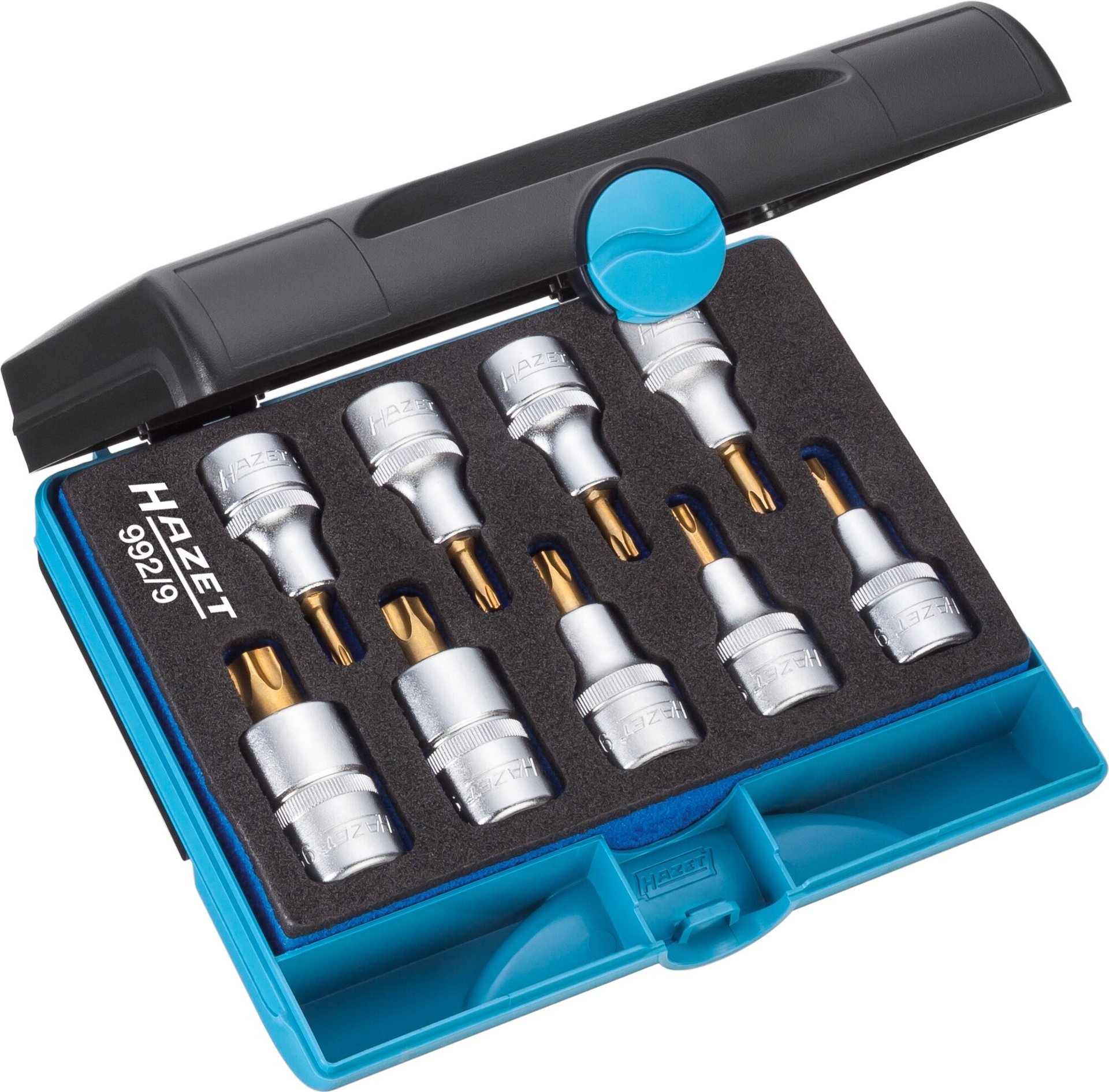 HAZET Schraubendreher-Steckschlüsseleinsatz Satz 992/9 ∙ 1/2 Zoll (12,5 mm) Vierkant hohl ∙ Innen TORX® Profil ∙ 9-teilig ∙ T20 – T60 Produktbild img1 L