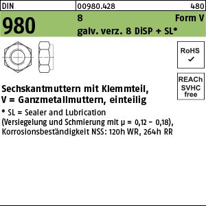Reyher DIN 980 8 Form V galv. verz. 8 DiSP + SL Sechskantmuttern mit Klemmteil, Ganzmetallmuttern, einteilig Produktbild img1 L