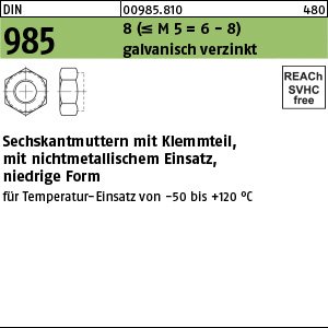Reyher DIN 985 8 (<=M 5 = 6–8 ) galvanisch verzinkt Sechskantmuttern mit Klemmteil, mit nichtmetallischem Einsatz, nied. Form Produktbild img1 L