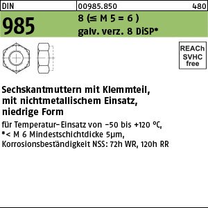 Reyher DIN 985 8 (<=M 5 = 6 ) galv. verz. 8 DiSP Sechskantmuttern mit Klemmteil, mit nichtmetallischem Einsatz, niedrige Form Produktbild img1 L