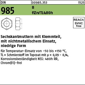 Reyher DIN 985 8 flZn/TL 480h (zinklamellenbesch.) Sechskantmuttern mit Klemmteil, mit nichtmetallischem Einsatz, niedrige Form Produktbild img1 L