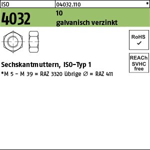 Reyher ISO 4032 10 galvanisch verzinkt Sechskantmuttern, ISO-Typ 1 Produktbild img1 L