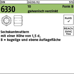 Reyher DIN 6330 10 Form B galvanisch verzinkt Sechskantmuttern m. einer Höhe von 1,5d mit kugeliger und ebener Auflagefläche Produktbild img1 L
