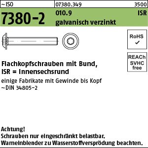 Reyher ~ISO 7380-2 010.9 ISR, galvanisch verzinkt Flachkopfschrauben mit Innensechsrund und Bund Produktbild img1 L