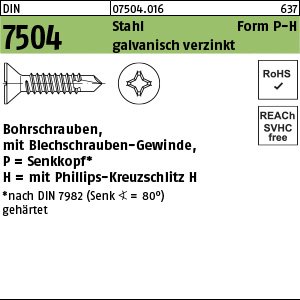 Reyher DIN 7504 Stahl Form P-H galvanisch verzinkt Bohrschrauben, mit Blechschrauben-Gew., mit Senkkopf nach DIN 7982, KS -H Produktbild img1 L