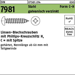 Reyher DIN 7981 Stahl Form C-H galvanisch verzinkt Linsen-Blechschrauben mit Spitze, mit Phillips-Kreuzschlitz H Produktbild img1 L