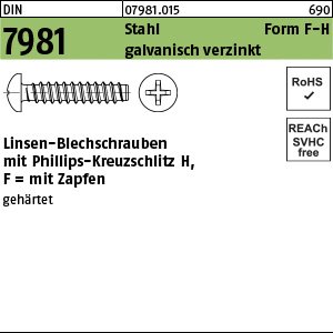 Reyher DIN 7981 Stahl Form F galvanisch verzinkt Linsen-Blechschrauben mit Zapfen mit Phillips-Kreuzschlitz H Produktbild img1 L