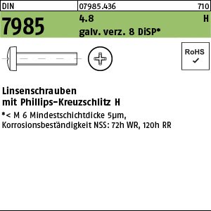 Reyher DIN 7985 4.8 H galv. verz. 8 DiSP Linsenschrauben mit Phillips-Kreuzschlitz H Produktbild img1 L