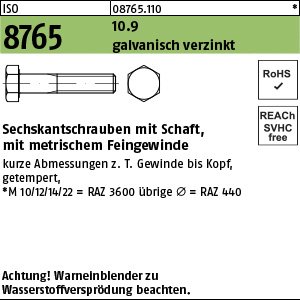 Reyher ISO 8765 10.9 galvanisch verzinkt Sechskantschrauben mit Schaft, mit metrischem Feingewinde Produktbild img1 L