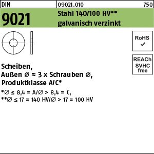 Reyher DIN 9021 Stahl 140/100 HV galvanisch verzinkt Scheiben, Außen Ø ~3 x Schrauben Ø, Produktklasse A/C Produktbild img1 L