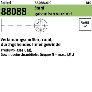 Reyher ART 88088 Verb.-muffe, Rd. M12 x 30 x 15 Stahl, galv. verzinkt gal Zn VE=S Produktbild img1 L