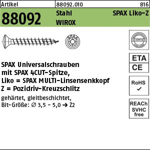 Reyher Artikel 88092 Stahl SPAX Liko-Z Oberfläche WIROX SPAX Universalschrauben mit Spitze, SPAX MULTI-Linsensenkkopf, Pozidriv-KS Produktbild img1 L