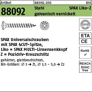 Reyher Artikel 88092 Stahl SPAX Liko-Z galvanisch vernickelt SPAX Universalschrauben mit Spitze, SPAX MULTI-Linsensenkkopf, Pozidriv-KS Produktbild img1 L