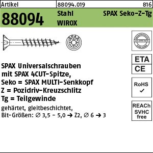 Reyher Artikel 88094 Stahl SPAX Seko-Z-Tg Oberfläche WIROX SPAX Universalschrauben mit Spitze, SPAX MULTI-Senkkopf, Pozidriv-KS, Tg Produktbild img1 L