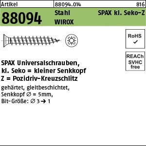 Reyher Artikel 88094 St. SPAX kl. Seko-Z Oberfläche WIROX SPAX Universalschrauben, kleiner Senkkopf, Pozidriv-KS Produktbild img1 L