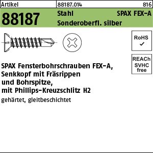 Reyher Artikel 88187 Stahl SPAX FEX-A Sonderoberfl. silber SPAX Fensterbohrschrauben FEX-A mit Senkkopf, Bohrsp., Phillips-KS Produktbild img1 L