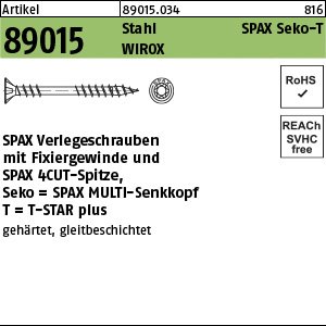 Artikel 89015 Stahl SPAX Seko-T Oberfläche WIROX SPAX Verlegeschrauben mit Fixiergewinde und Spitze, Senkkopf, T-STAR Produktbild img1 L