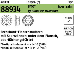 Artikel 88934 8 Sperrzahn galvanisch verzinkt Sechskant-Flanschmuttern mit Sperrzähnen unter dem Flansch, oberflächengehärtet Produktbild img1 L