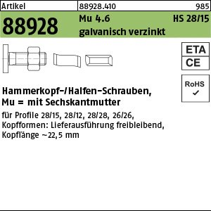 Reyher Artikel 88928 Mu 4.6 HS 28/15 galvanisch verzinkt Hammerkopf-/Halfen-Schrauben,mit Sechskantmutter Produktbild img1 L