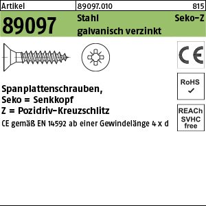 Reyher Artikel 89097 Stahl CE Seko-Z galvanisch verzinkt Spanplattenschrauben, Senkkopf, Pozidriv-Kreuzschlitz Produktbild img1 L