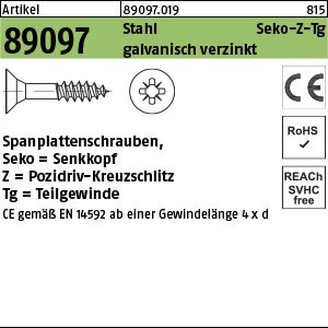 Reyher Artikel 89097 Stahl CE Seko-Z-Tg galvanisch verzinkt Spanplattenschrauben, Senkkopf, Pozidriv-Kreuzschlitz, Teilgewinde Produktbild img1 L