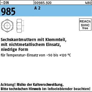 Reyher ~DIN 985 A 2 Sechskantmuttern mit Klemmteil, mit nichtmetallischem Einsatz, niedrige Form Produktbild img1 L