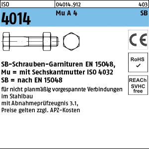ISO 4014 Mu A 4 SB SB-Schrauben-Garnituren EN 15048, mit Sechskantmutter ISO 4032 Produktbild img1 L