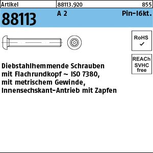 ART 88113 Sicherh.Schr(I7380)A2 M 5 x 16 Innensechskant m. Zapfen A 2 VE=S Produktbild img1 L