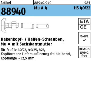 Reyher Artikel 88940 Mu A 4 HS 40/22 Hakenkopf-/Halfen-Schrauben, mit Sechskantmutter Produktbild img1 L