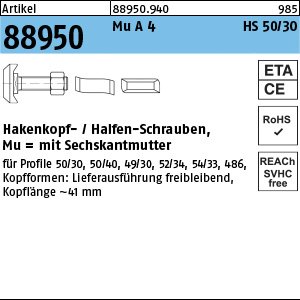 Artikel 88950 Mu A 4 HS 50/30 Hakenkopf-/Halfen-Schrauben, mit Sechskantmutter Produktbild img1 L