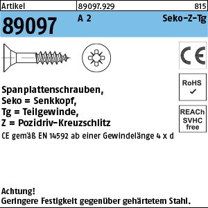 Reyher Artikel 89097 A 2 CE Seko-Z-Tg Spanplattenschrauben, Senkkopf, Pozidriv-Kreuzschlitz, Teilgewinde Produktbild img1 L
