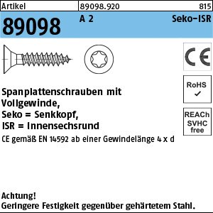 Reyher Artikel 89098 A 2 CE Seko-ISR Spanplattenschrauben mit Vollgew., Senkkopf, Innensechsrund Produktbild img1 L