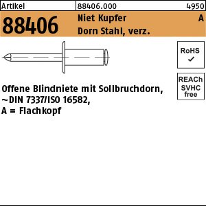 Reyher Artikel 88406 Niet Kupfer A Dorn Stahl, verz. Offene Blindniete mit Sollbruchdorn, ~DIN 7337/ISO 16582, Flachkopf Produktbild img1 L