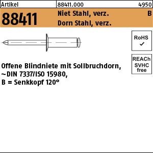 Reyher Artikel 88411 Niet St. verz. B Dorn Stahl, verz. Offene Blindniete mit Sollbruchdorn, ~DIN 7337/ISO 15980, Senkkopf 120° Produktbild img1 L