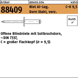 Reyher Artikel 88409 Niet Al-Leg. C-K 9,5 Dorn Stahl, verz. Offene Blindniete mit Sollbruchdorn, ~DIN 7337, großer Flachkopf (Ø = 9,5) Produktbild img1 L