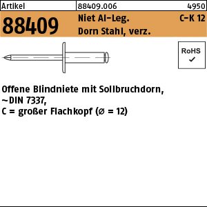 Reyher Artikel 88409 Niet Al-Leg. C-K 12 Dorn Stahl, verz. Offene Blindniete mit Sollbruchdorn, ~DIN 7337, großer Flachkopf (Ø = 12) Produktbild img1 L