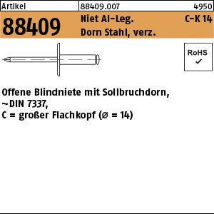 Reyher Artikel 88409 Niet Al-Leg. C-K 14 Dorn Stahl, verz. Offene Blindniete mit Sollbruchdorn, ~DIN 7337, großer Flachkopf (Ø = 14) Produktbild img1 L