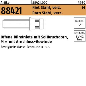 Reyher Artikel 88421 Niet Stahl, verz. M Dorn Stahl, verz. Offene Blindniete mit Sollbruchdorn, mit Anschluss-Gewinde Produktbild img1 L