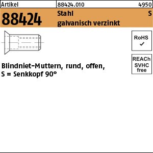 Reyher Artikel 88424 Stahl S galvanisch verzinkt Blindniet-Muttern, rund, offen, Senkkopf 90° Produktbild img1 L
