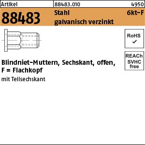 Reyher Artikel 88483 Stahl 6kt-F galvanisch verzinkt Blindniet-Muttern, Sechskant, offen, Flachkopf Produktbild img1 L