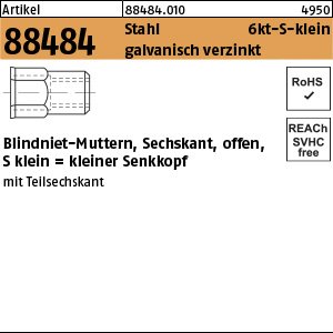 Reyher Artikel 88484 Stahl 6kt-S-klein galvanisch verzinkt Blindniet-Muttern, Sechskant, offen, kleiner Senkkopf Produktbild img1 L