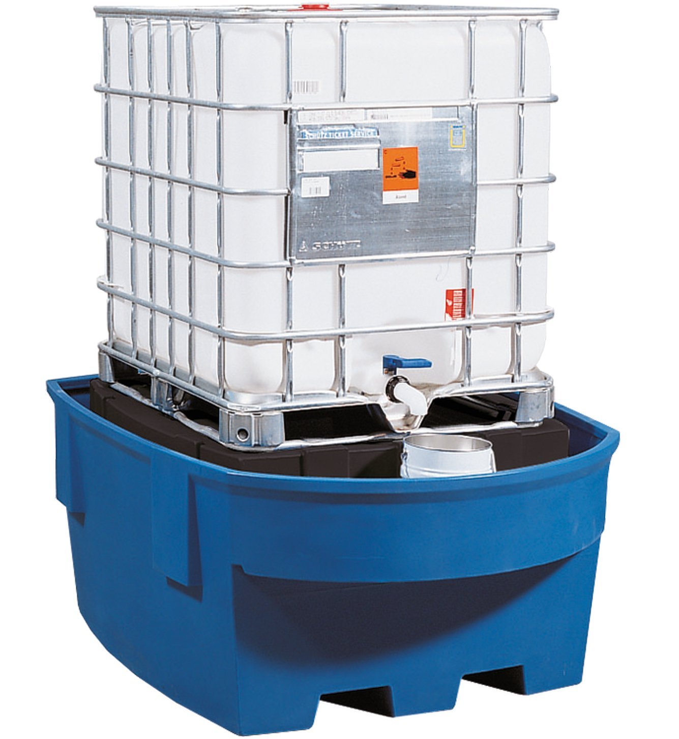 asecos IBC-Station mit Lagerbock, mit Abfüllbereich, PE Blau, für 1 x 1000-L-IBC, Maße 1380x1800x760 mm Produktbild img1 L