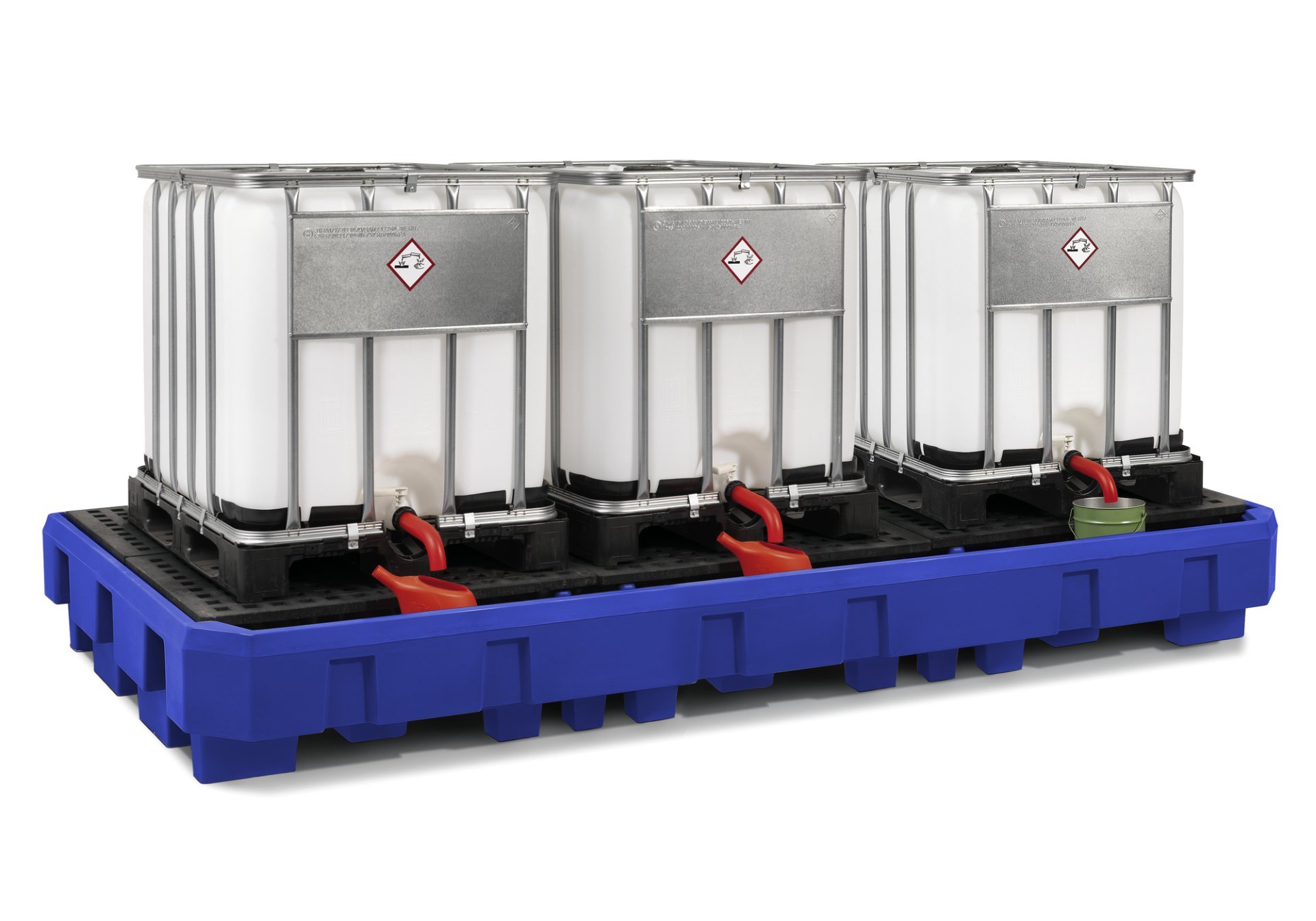 IBC-Station mit PE-Gitterrost und Abfüllbereich, PE Blau, für 3 x 1000-L-IBC, Maße 3640x1800x475 mm Produktbild img1 L