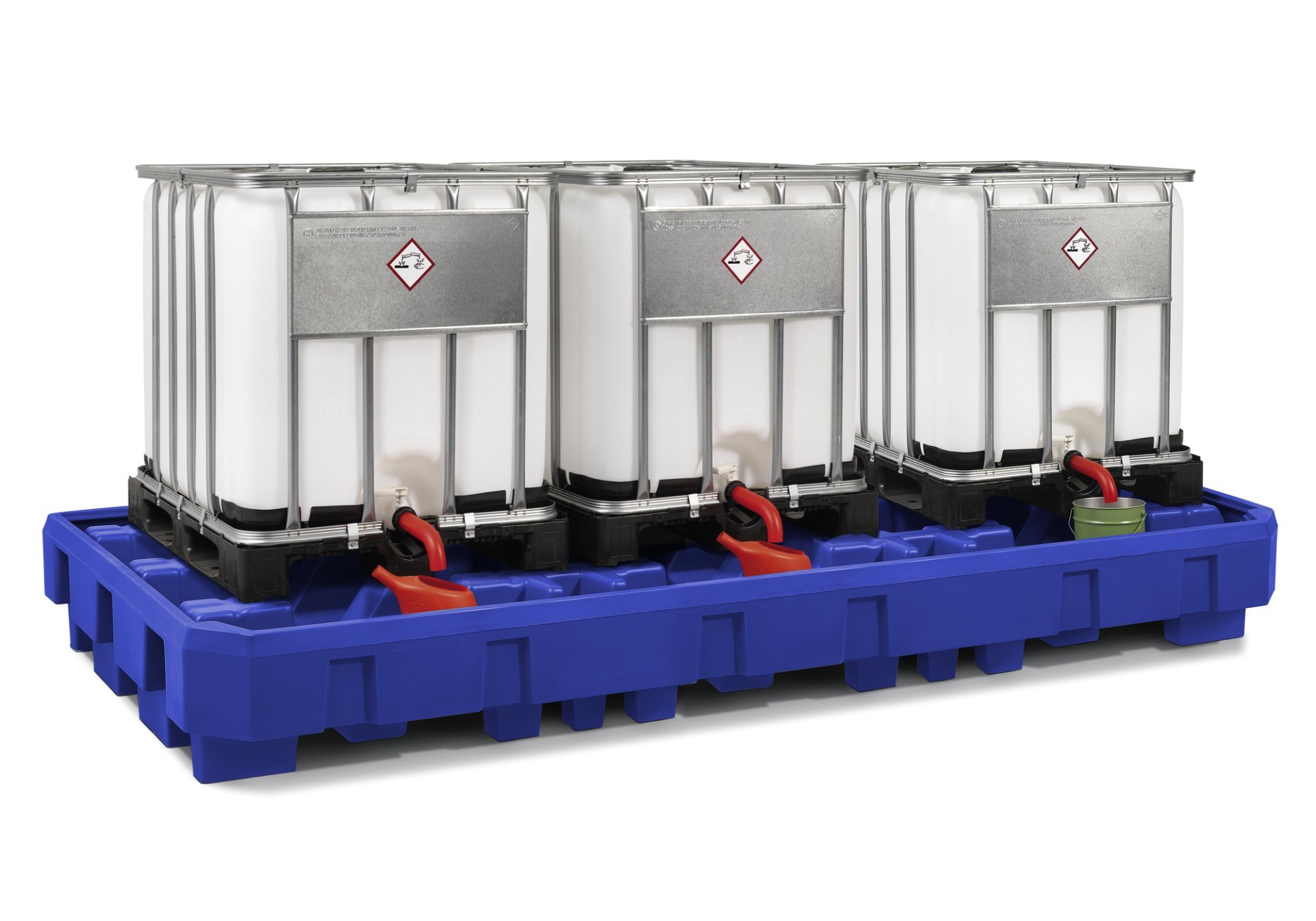 asecos IBC-Station mit Abfüllbereich, PE Blau, für 3 x 1000-L-IBC, Maße 3640x1800x450 mm Produktbild img1 L