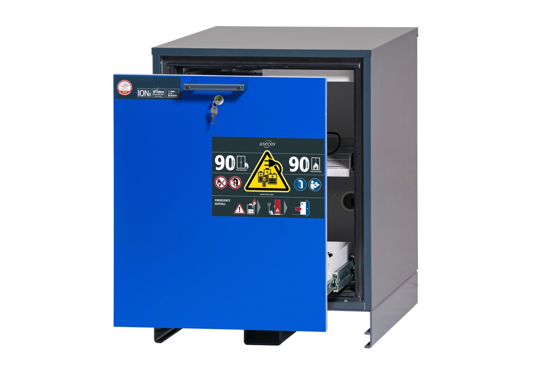 asecos BATTERY CHARGE Ladeschrank IO90.078.059.057.U9.S in Anthrazitgrau, Schublade in Enzianblau, 1x 2. Auszugsebene (Stahlblech) Produktbild img1 L