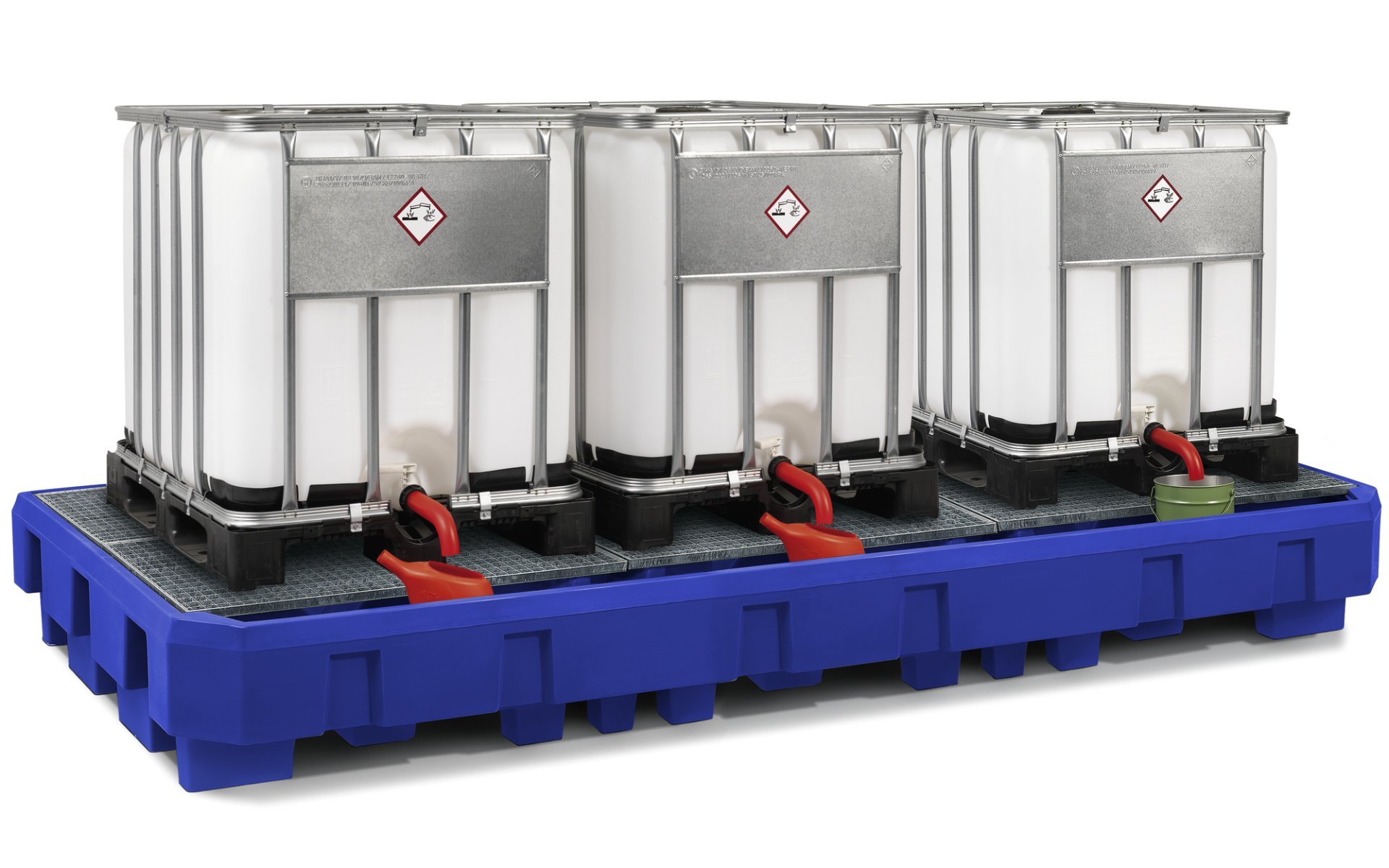asecos IBC-Station mit verzinktem Gitterrost und Abfüllbereich, PE Blau, für 3 x 1000-L-IBC, Maße 3640x1800x450 mm Produktbild img1 L