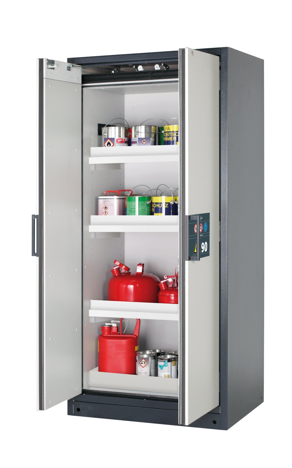 asecos Sicherheitsschrank Q90.195.090 in Anthrazitgrau, Flügeltüren in Lichtgrau, 3x Wannenboden (Polypropylen) Produktbild img1 L